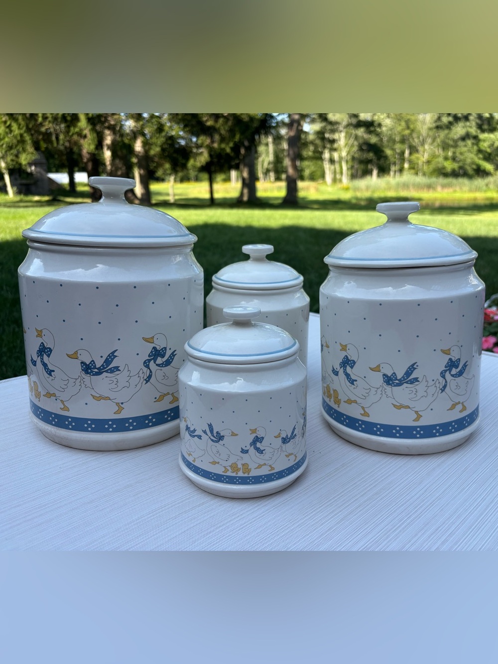 Vintage 1980s Mother Goose Ceramic Canisters White Goose Made In Japan